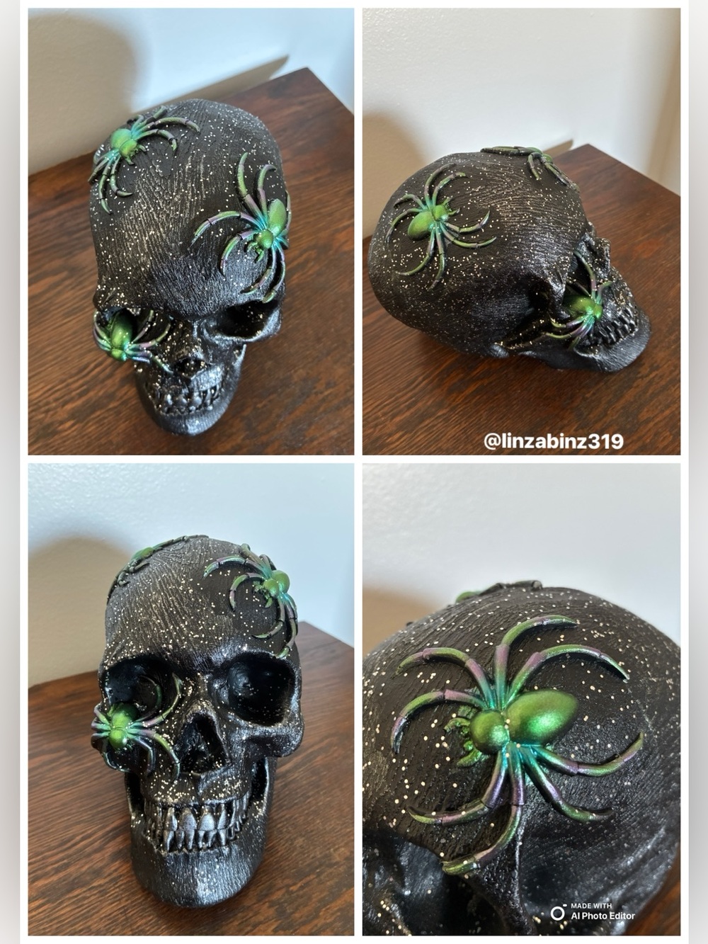 NWT- STUNNING- Black & Silver Glitter Skull Decoration with 3 Colorful Spiders